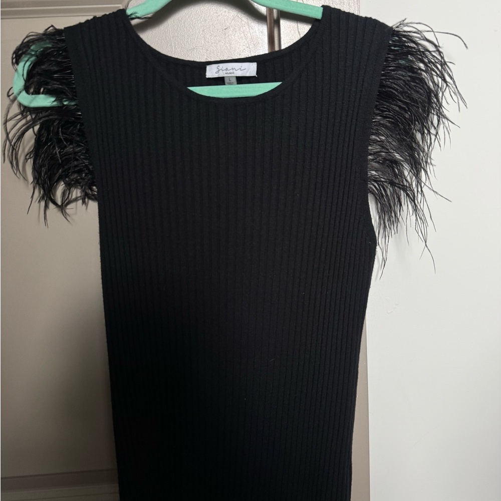 Sioni Black Ribbed Crewneck Sweater with Feather-Trim Sleeves